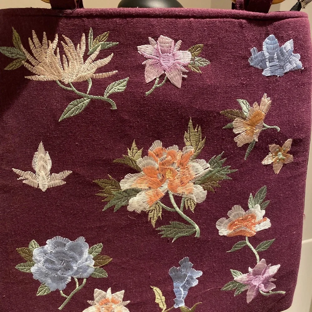 Embroidered Floral Tote with Bamboo Handles - Plum
